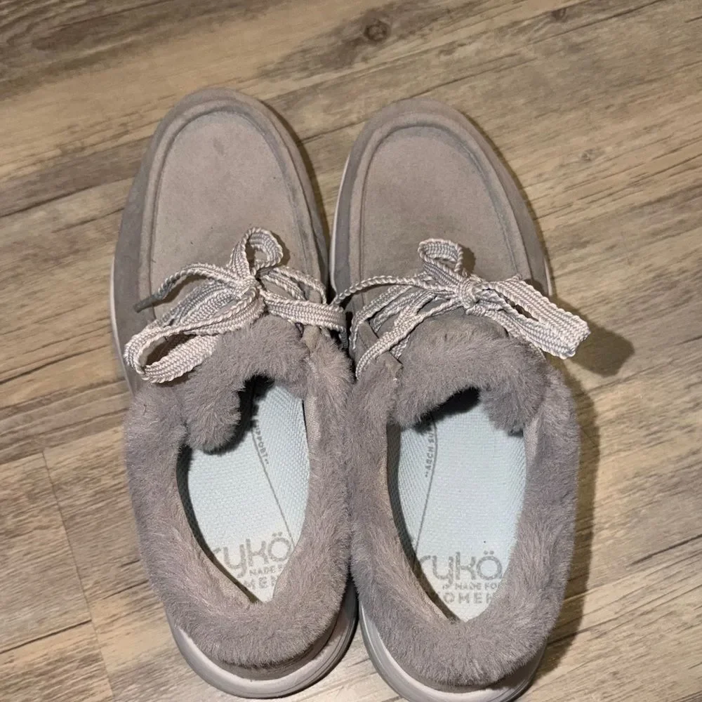 Ryka Light Gray Suede Slip-On Loafers with Plush Collar and Laces